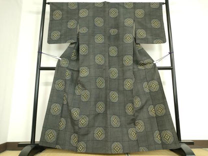 平和屋着物▽上質な紬 単衣 格子丸文 正絹 逸品 DAAT9860az