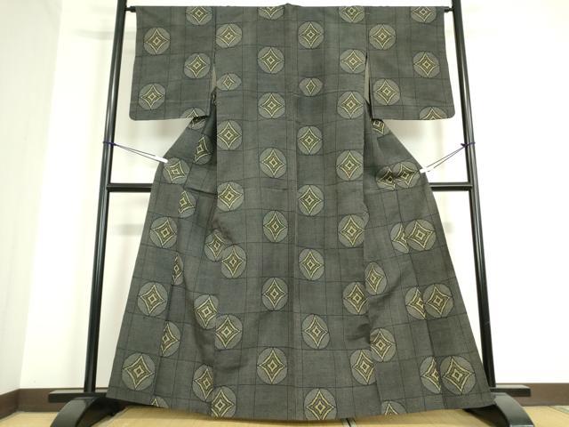 平和屋着物▽上質な紬 単衣 格子丸文 正絹 逸品 DAAT9860az