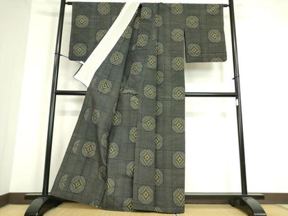 平和屋着物▽上質な紬 単衣 格子丸文 正絹 逸品 DAAT9860az