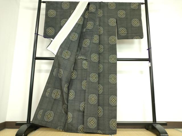 平和屋着物▽上質な紬 単衣 格子丸文 正絹 逸品 DAAT9860az
