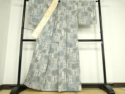 平和屋着物▽小千谷紬　単衣　亀甲更紗花文　正絹　逸品　DAAT9861az