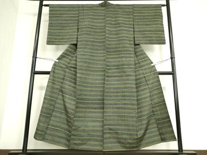 平和屋着物▽上質な紬　単衣　横段文　正絹　逸品　DAAT9863az