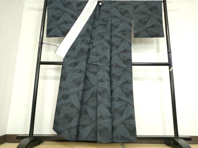 平和屋着物▽結城紬 単衣 幾何学花文 正絹 逸品 DAAT9865az