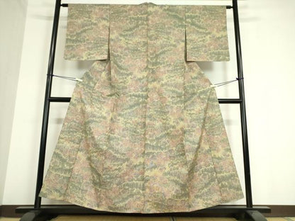 平和屋着物▽上質な紬 単衣 草花文 反端付き 正絹 逸品 DAAT9867az