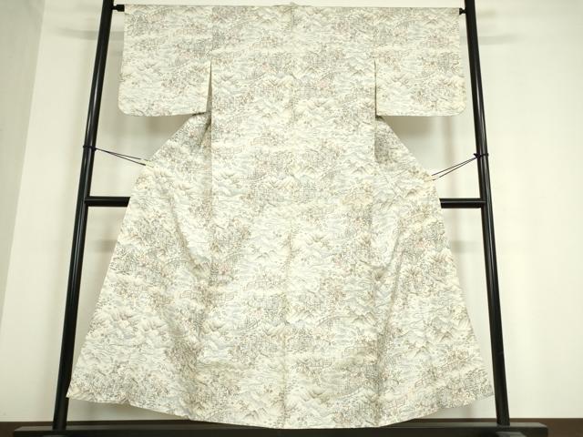平和屋着物▽上質な紬　単衣　渡橋風景文　正絹　逸品　DAAT9879az