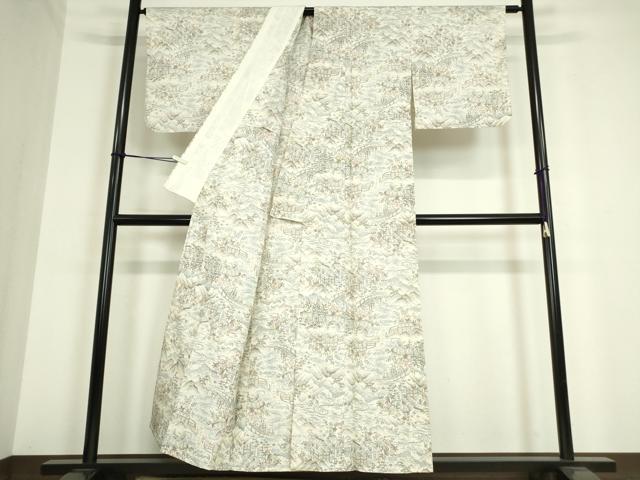 平和屋着物▽上質な紬　単衣　渡橋風景文　正絹　逸品　DAAT9879az