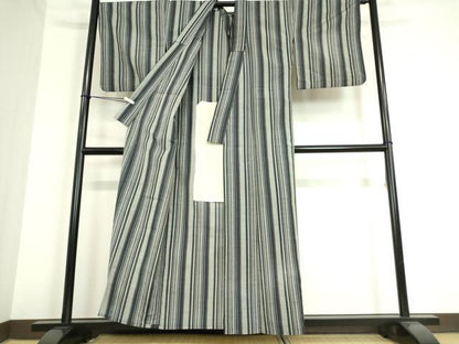 平和屋着物▽上質な紬 単衣 縞 正絹 逸品 DAAT9884az