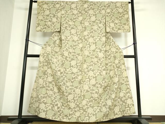 平和屋着物▽上質な紬 単衣 牡丹唐草文 正絹 逸品 DAAT9896az