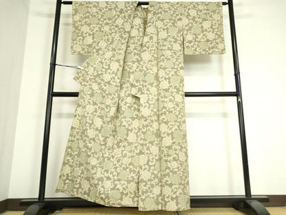 平和屋着物▽上質な紬 単衣 牡丹唐草文 正絹 逸品 DAAT9896az