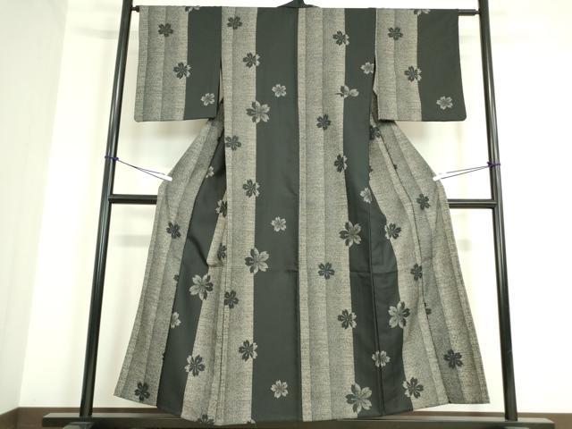 平和屋着物▽小紋　単衣　舞桜文　黒地　洗える着物　DAAT9900az