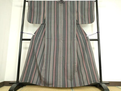 平和屋着物▽本塩沢 単衣 縞 正絹 逸品 DAAT9907az