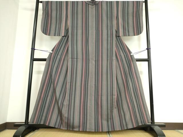 平和屋着物▽本塩沢 単衣 縞 正絹 逸品 DAAT9907az