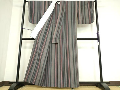 平和屋着物▽本塩沢 単衣 縞 正絹 逸品 DAAT9907az