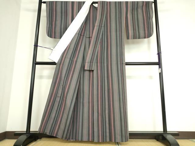 平和屋着物▽本塩沢 単衣 縞 正絹 逸品 DAAT9907az