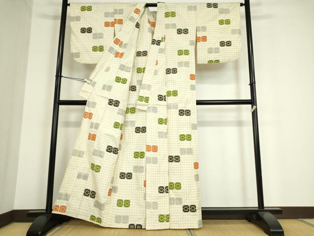 平和屋着物▽上質な紬　単衣　色紙花文　反端付き　正絹　逸品　DAAT9913az
