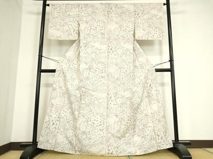 平和屋着物▽上質な小紋 単衣 紬地 草花文 正絹 逸品 DAAT9914az