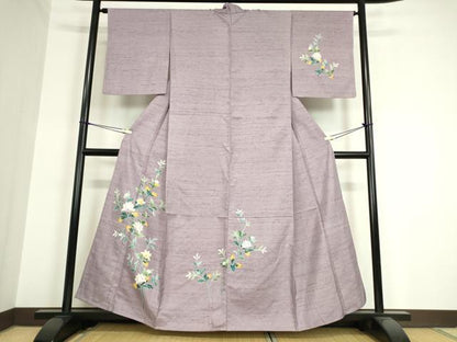 平和屋着物▽訪問着 単衣 紬地 友禅 草花文 正絹 逸品 DAAT9918az