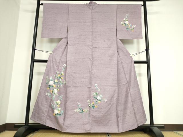平和屋着物▽訪問着 単衣 紬地 友禅 草花文 正絹 逸品 DAAT9918az