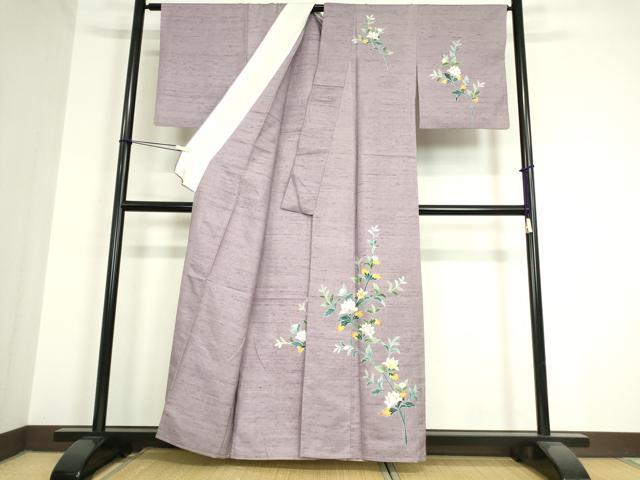 平和屋着物▽訪問着 単衣 紬地 友禅 草花文 正絹 逸品 DAAT9918az