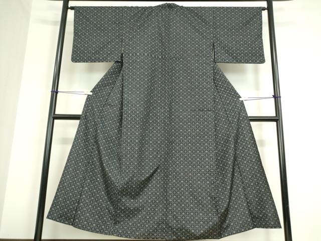 平和屋着物▽上質な紬　単衣　格子花文　正絹　逸品　DAAT9921az