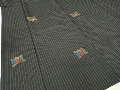 平和屋着物▽上質な紬 単衣 舞花文 黒地 正絹 逸品 DAAT9936az