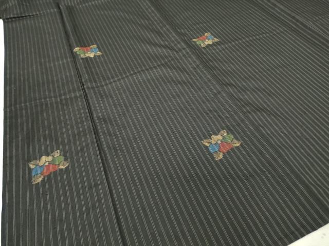 平和屋着物▽上質な紬 単衣 舞花文 黒地 正絹 逸品 DAAT9936az
