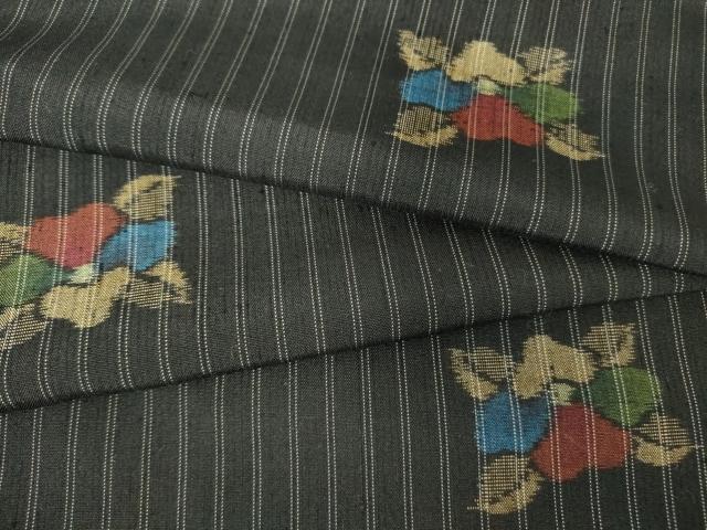 平和屋着物▽上質な紬 単衣 舞花文 黒地 正絹 逸品 DAAT9936az