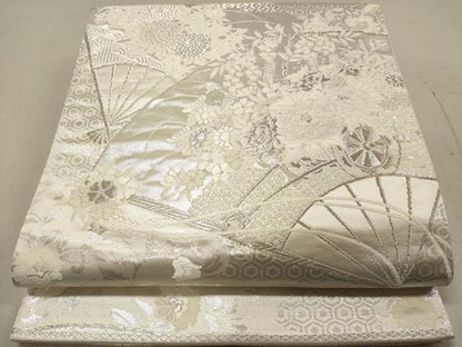 平和屋着物◎六通柄袋帯 唐織 美保姿 扇面花文 銀糸 正絹 逸品 DAAU0313cd