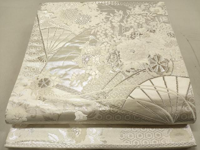 平和屋着物◎六通柄袋帯 唐織 美保姿 扇面花文 銀糸 正絹 逸品 DAAU0313cd