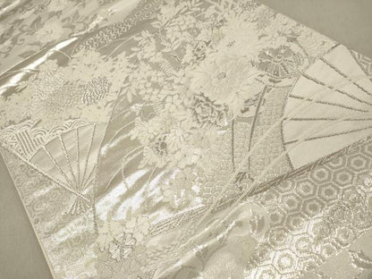 平和屋着物◎六通柄袋帯 唐織 美保姿 扇面花文 銀糸 正絹 逸品 DAAU0313cd