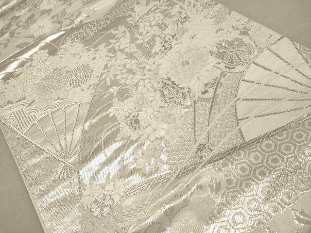 平和屋着物◎六通柄袋帯 唐織 美保姿 扇面花文 銀糸 正絹 逸品 DAAU0313cd