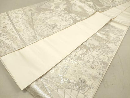 平和屋着物◎六通柄袋帯 唐織 美保姿 扇面花文 銀糸 正絹 逸品 DAAU0313cd