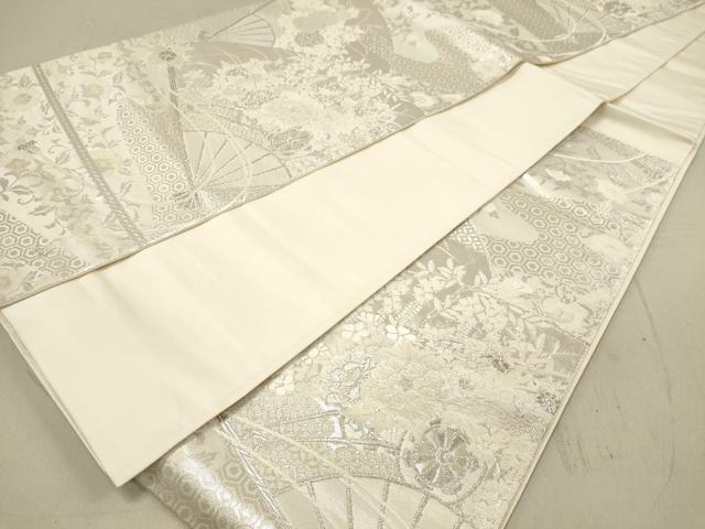平和屋着物◎六通柄袋帯 唐織 美保姿 扇面花文 銀糸 正絹 逸品 DAAU0313cd