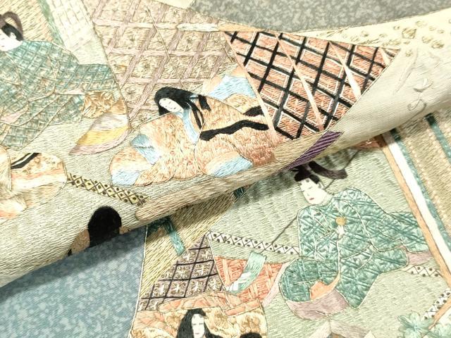 平和屋着物●本場染大島紬　訪問着　刺繍　色紙重ね人物風景文　金銀糸　正絹　逸品　DAAU0622tw