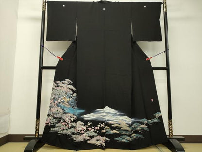 平和屋着物●十日町友禅 女流作家 遠田藤舟 黒留袖 風景花松文 暈し染め 正絹 逸品 DAAU0638tw