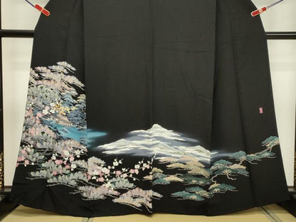 平和屋着物●十日町友禅 女流作家 遠田藤舟 黒留袖 風景花松文 暈し染め 正絹 逸品 DAAU0638tw