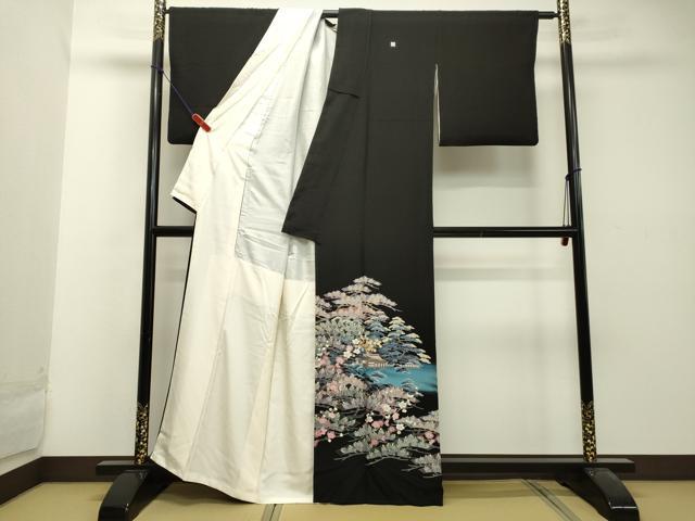 平和屋着物●十日町友禅 女流作家 遠田藤舟 黒留袖 風景花松文 暈し染め 正絹 逸品 DAAU0638tw