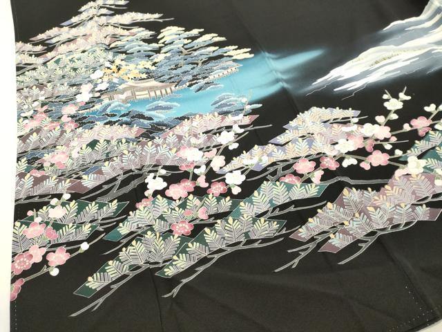 平和屋着物○十日町友禅 女流作家 遠田藤舟 黒留袖 風景花松文