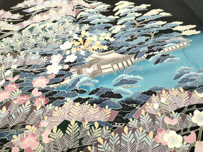 平和屋着物●十日町友禅 女流作家 遠田藤舟 黒留袖 風景花松文 暈し染め 正絹 逸品 DAAU0638tw