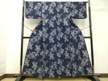 平和屋着物●久留米絣　単衣　草花文　綿　逸品　DAAU0652tw