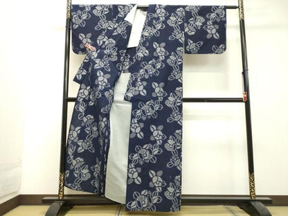 平和屋着物●久留米絣　単衣　草花文　綿　逸品　DAAU0652tw