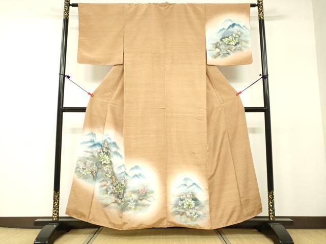 平和屋着物●訪問着 紬地 手描き 草花文 暈し染め 正絹 逸品 DAAU0676tw