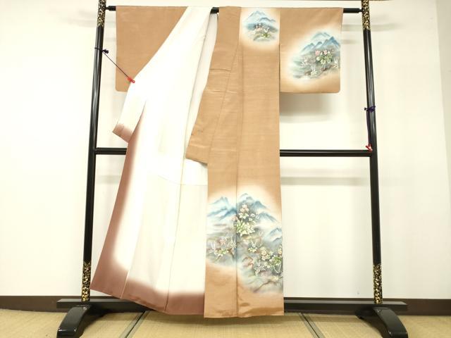 平和屋着物●訪問着 紬地 手描き 草花文 暈し染め 正絹 逸品 DAAU0676tw