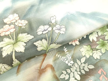 平和屋着物●訪問着 紬地 手描き 草花文 暈し染め 正絹 逸品 DAAU0676tw