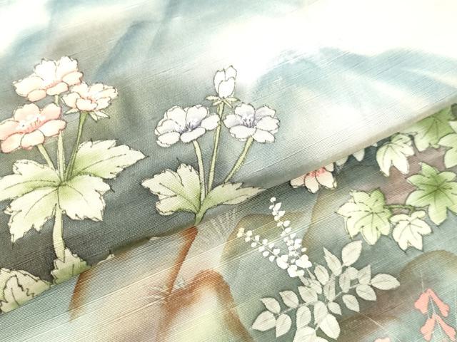 平和屋着物●訪問着 紬地 手描き 草花文 暈し染め 正絹 逸品 DAAU0676tw