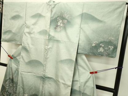 平和屋着物●訪問着　紬地　ろうけつ染め　草花文　正絹　逸品　DAAU0702tw