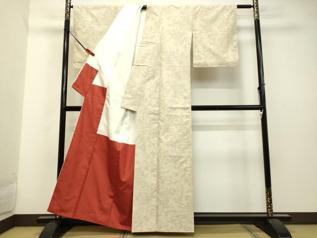 平和屋着物●結城紬 100亀甲 風景草花文 正絹 逸品 DAAU0723tw