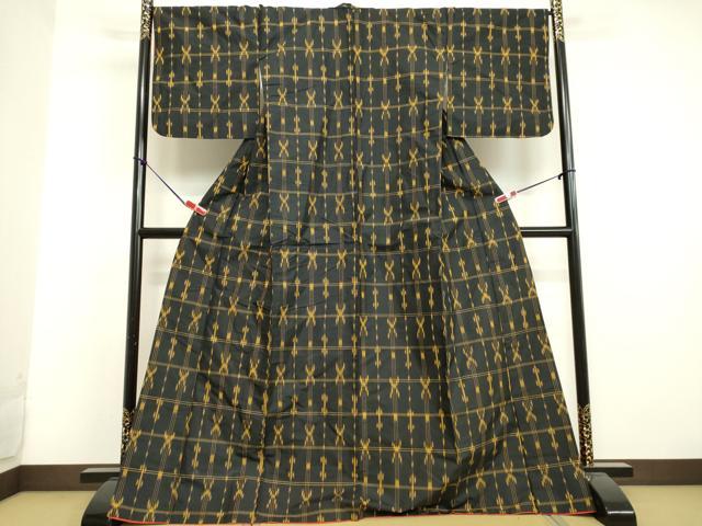 平和屋着物●上質な紬　絣文様　黒地　正絹　逸品　DAAU0844tw
