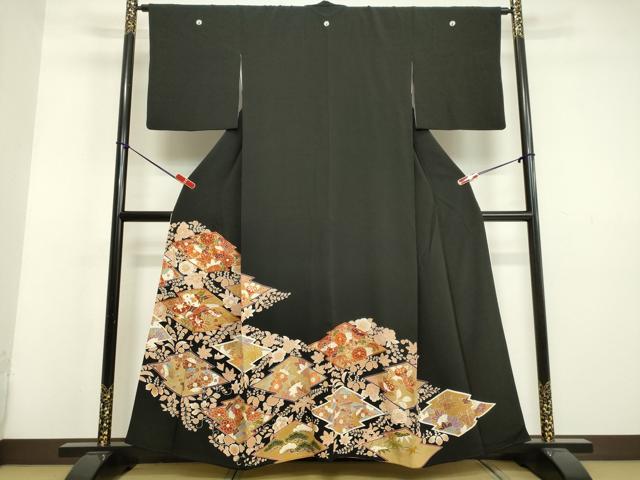 平和屋着物●創業460年・千總　黒留袖　駒刺繍　草花文　金彩　正絹　逸品　DAAU0849tｗ