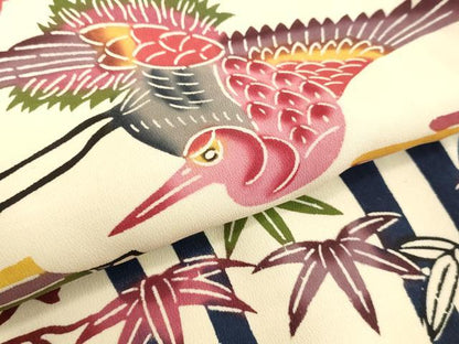 平和屋着物●豪華振袖・長襦袢セット（袷）　型染め　紅型　雲取り花鳥笹竹文　正絹　逸品　DAAU0856tw